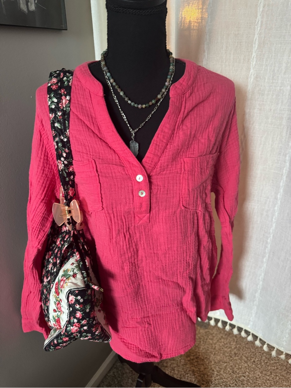 Mote Relaxed Pink Button-Front Gauze Pullover Blouse